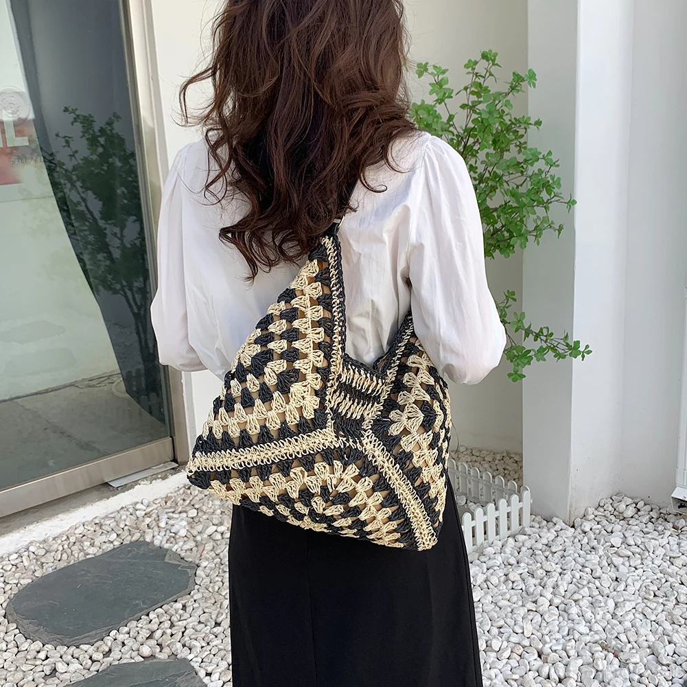 sac à main d'été bohème tressé, fourre tout décontracté, sac de plage en paille creuse, sac initié tissé, sac de voyage en raphia et rotin