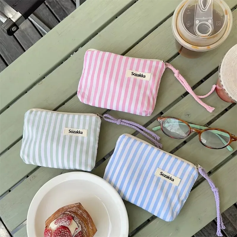 porte monnaie mignon pour enfants, petit sac de maquillage cosmétique, mini sacs de rangement en toile rayés, étui de maquillage pour rouge à lèvres pour femmes
