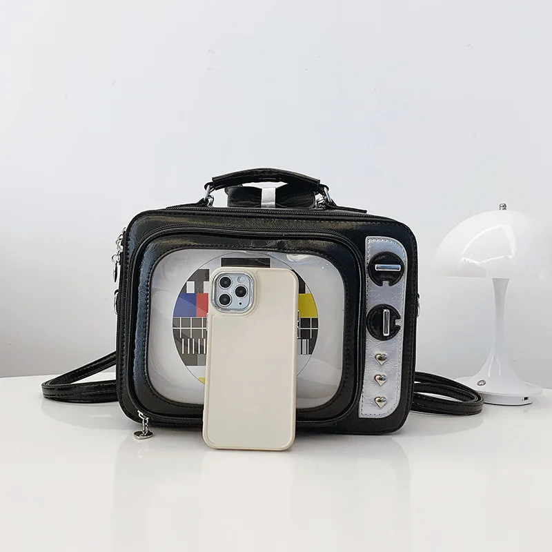 dessin animé mignon sacs à main pour femmes drôle rétro tv transparent carré sac mode cuir personnalisé créatif sac à bandoulière femme