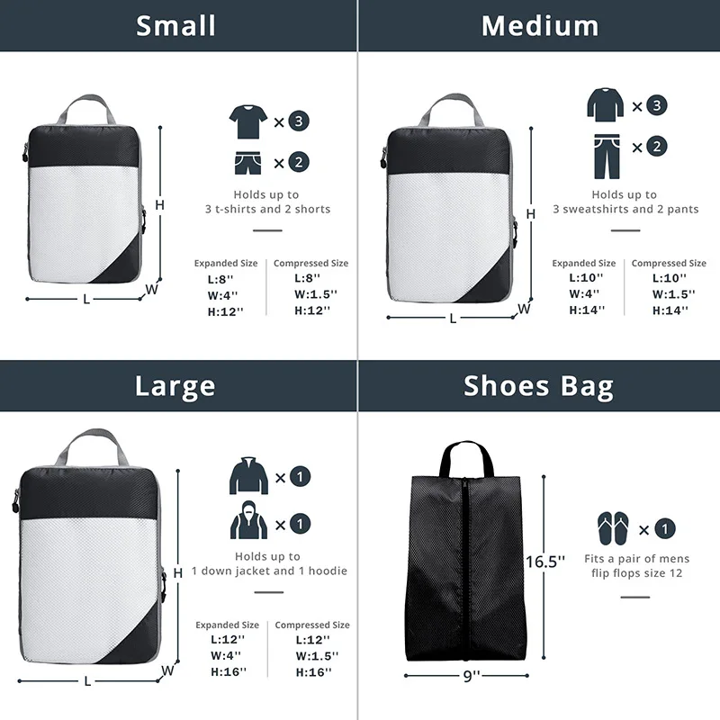 organisateur de bagages portable de voyage, sacs de rangement, cubes d'emballage à compression, sacs à chaussures avec maille, pochette légère et pliable