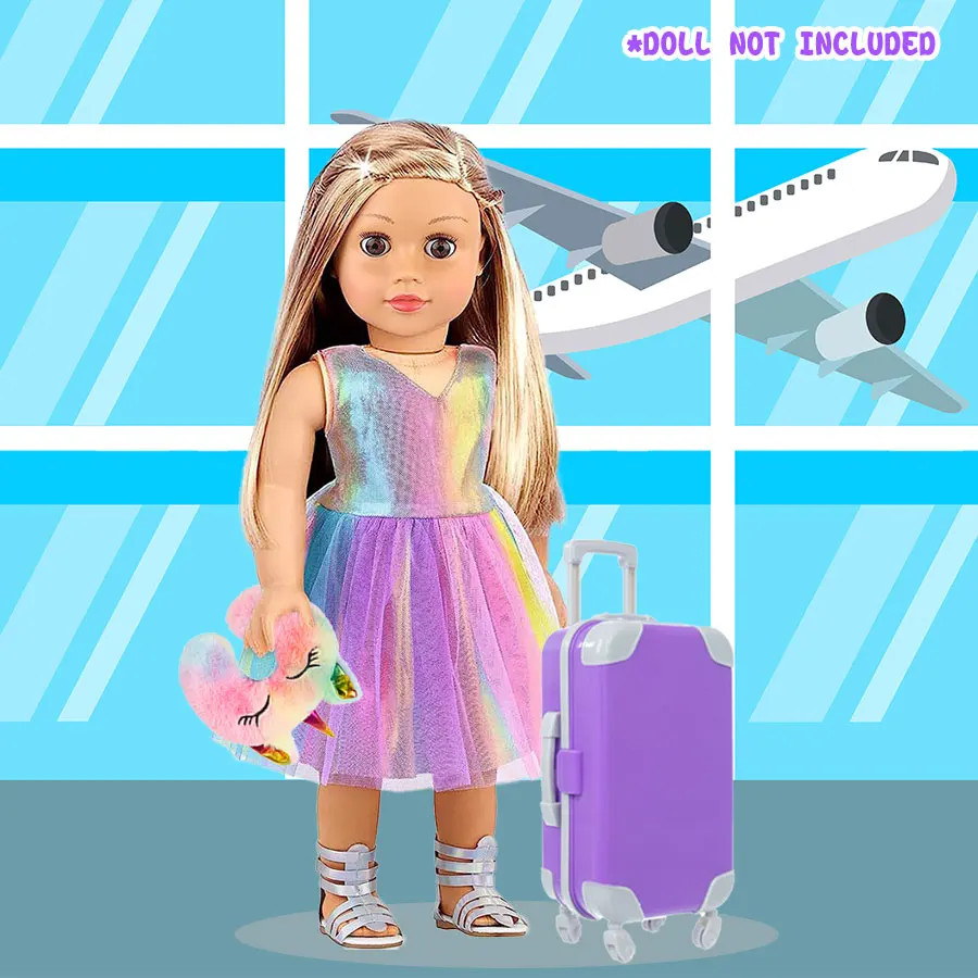 vêtements et accessoires de poupée de 18 pouces, valise de voyage, ensemble comprenant oreiller, sac licorne, appareil photo, ordinateur, téléphone, passeport pour enfants gi