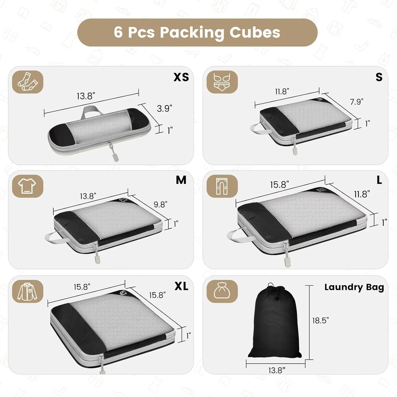 cubes d'emballage compressés de voyage, ensemble d'organisateurs de rangement avec sac à chaussures, bagages visuels en maille, valise légère et portable 6 pièces