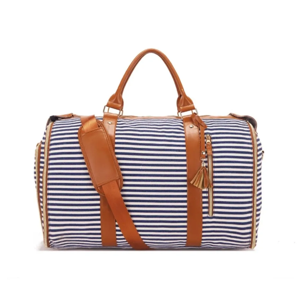 Sac de voyage rayé à bandoulière de grande capacité, sac de sport pliable Convertible en matériau PU, sac de costume pliable extensible de voyage
