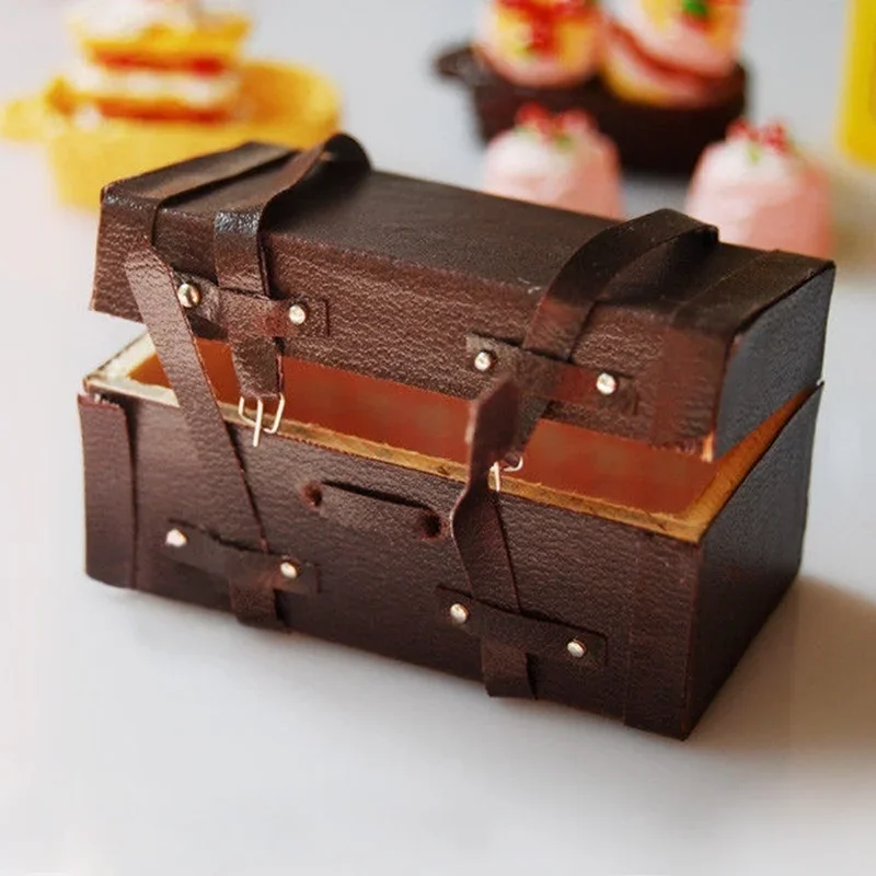 valise en bois et cuir vintage miniature pour maison de poupée, mini bagage, 1/12