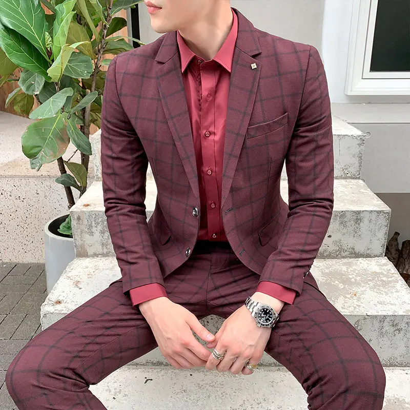 quatre saisons nouveau m 5xl grande taille hommes (costume + pantalon) élégant et beau mesure à carreaux décontracté deux pièces ensemble