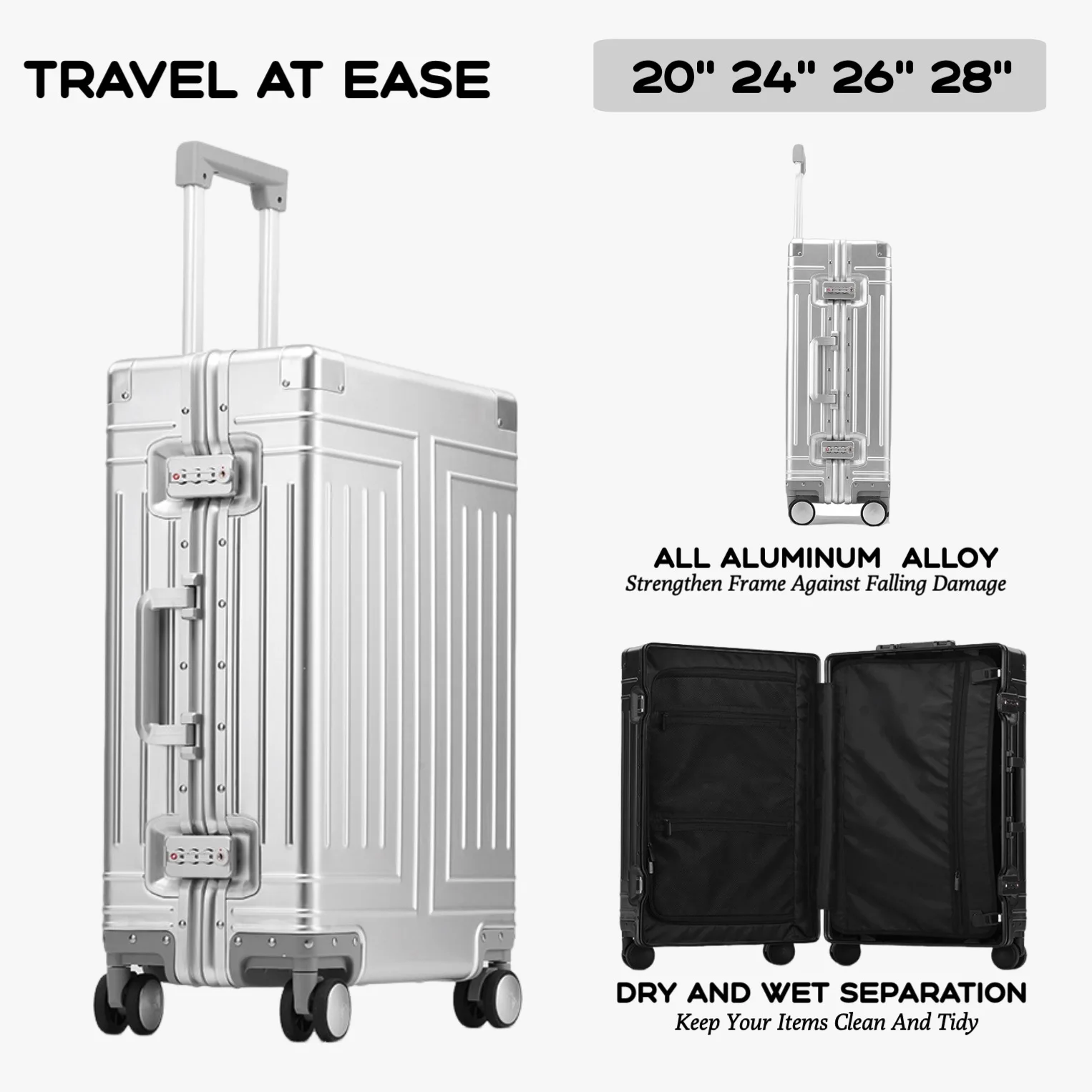 2024 capacité ensembles de bagages durables 100% valise en aluminium roues femmes fille hommes cabine bagage à main voyage d'embarquement 20/24/26/28