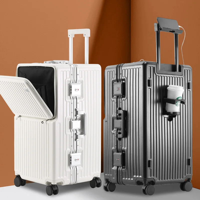 valise de voyage à roulettes avec porte-gobelet, cadre en aluminium, grande capacité, 26 ", 28/32"