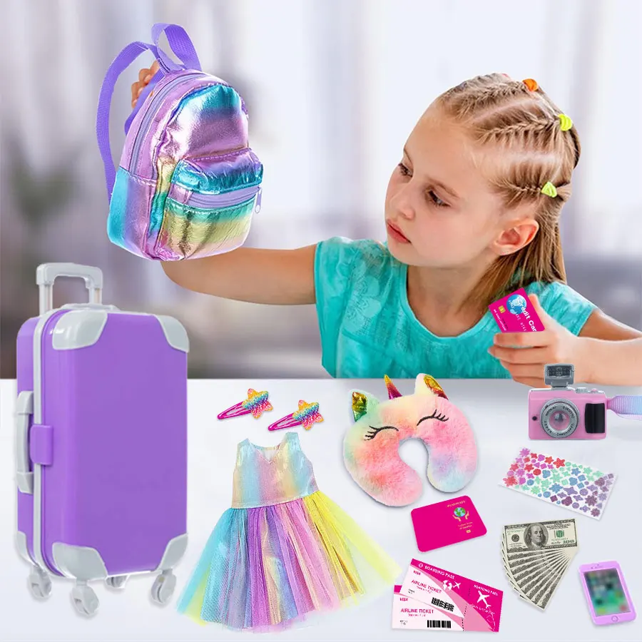 vêtements et accessoires de poupée de 18 pouces, valise de voyage, ensemble comprenant oreiller, sac licorne, appareil photo, ordinateur, téléphone, passeport pour enfants gi
