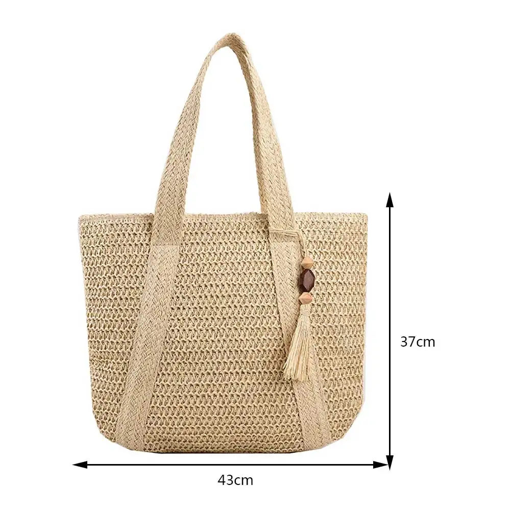 sacs à main tissés à la main, sacs d'été à poignée supérieure, faits à la main, simples, grande capacité avec pendentif pompon, fourre tout décontracté