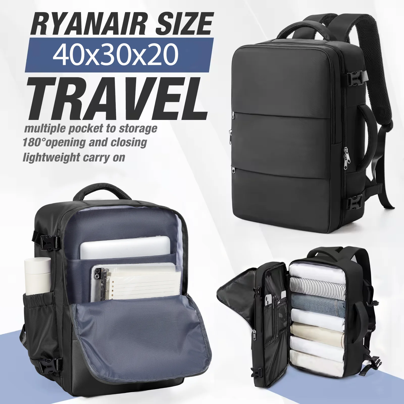 Ryanair 40x30x20 sac de cabine à bagages, 40x30x20 sac hommes femmes 15.6 pouces pochette d'ordinateur sac à dos de voyage d'affaires, sac à dos d'école universitaire