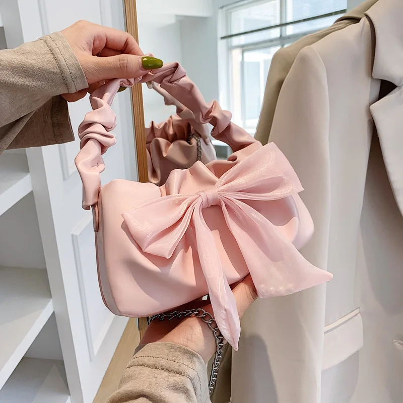 sac fourre tout rétro pour femmes et filles, fourre tout à la mode avec nœud doux, sac à bandoulière simple avec chaîne, sacs à main pliables et sac à main