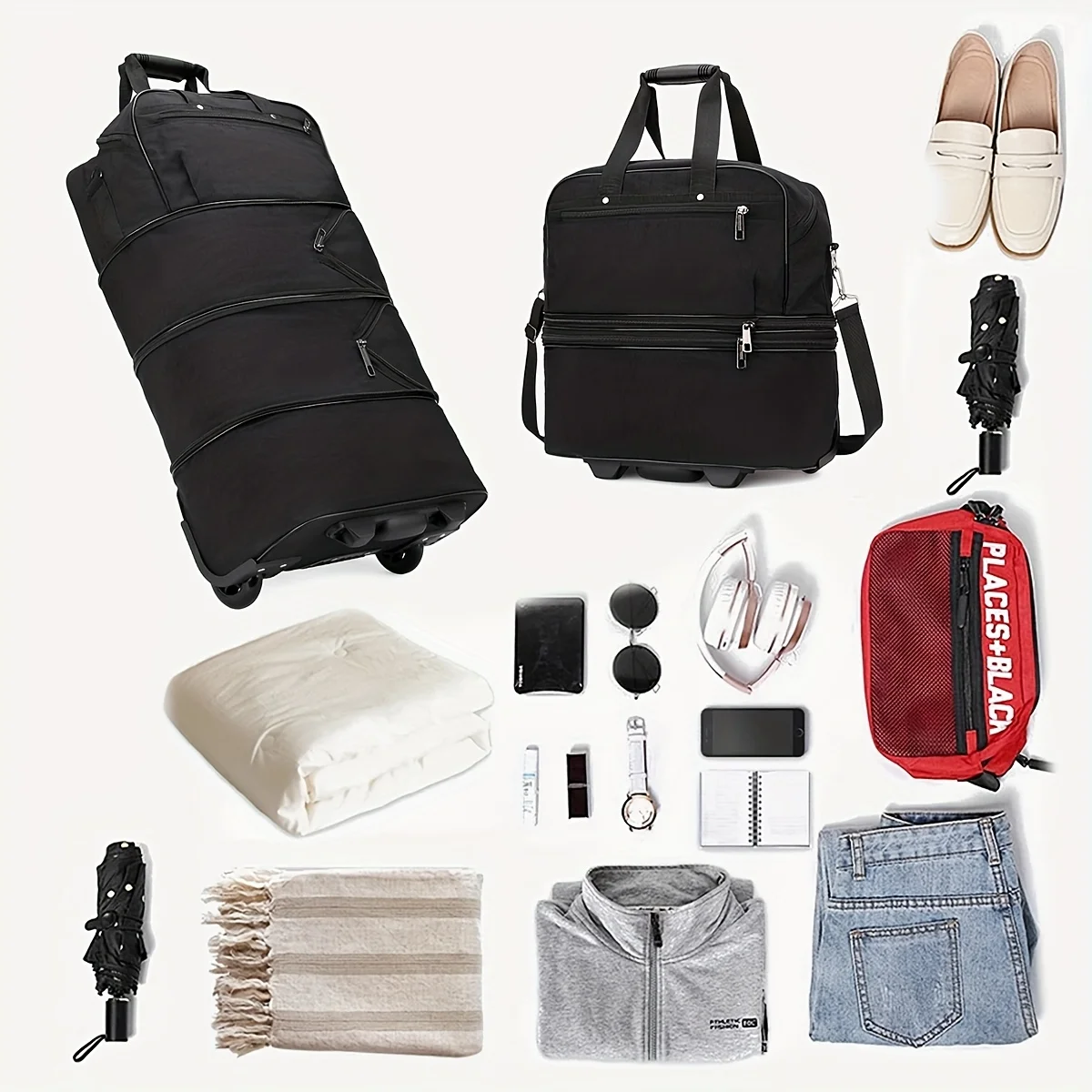 sac à bagages pliable de grande capacité, valise portable avec roulettes, bandoulière cachée, matériau en nylon durable pour voyage et transport