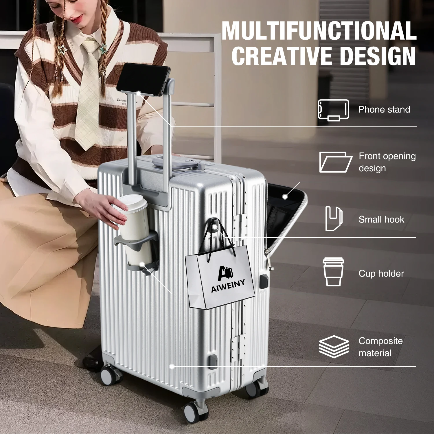 aiweiny 2025 valise pc à coque rigide en aluminium, résistante à la pression, avec roulettes omnidirectionnelles silencieuses à 360°, porte gobelet et étagère de rangement, équipée d'une serrure tsa.