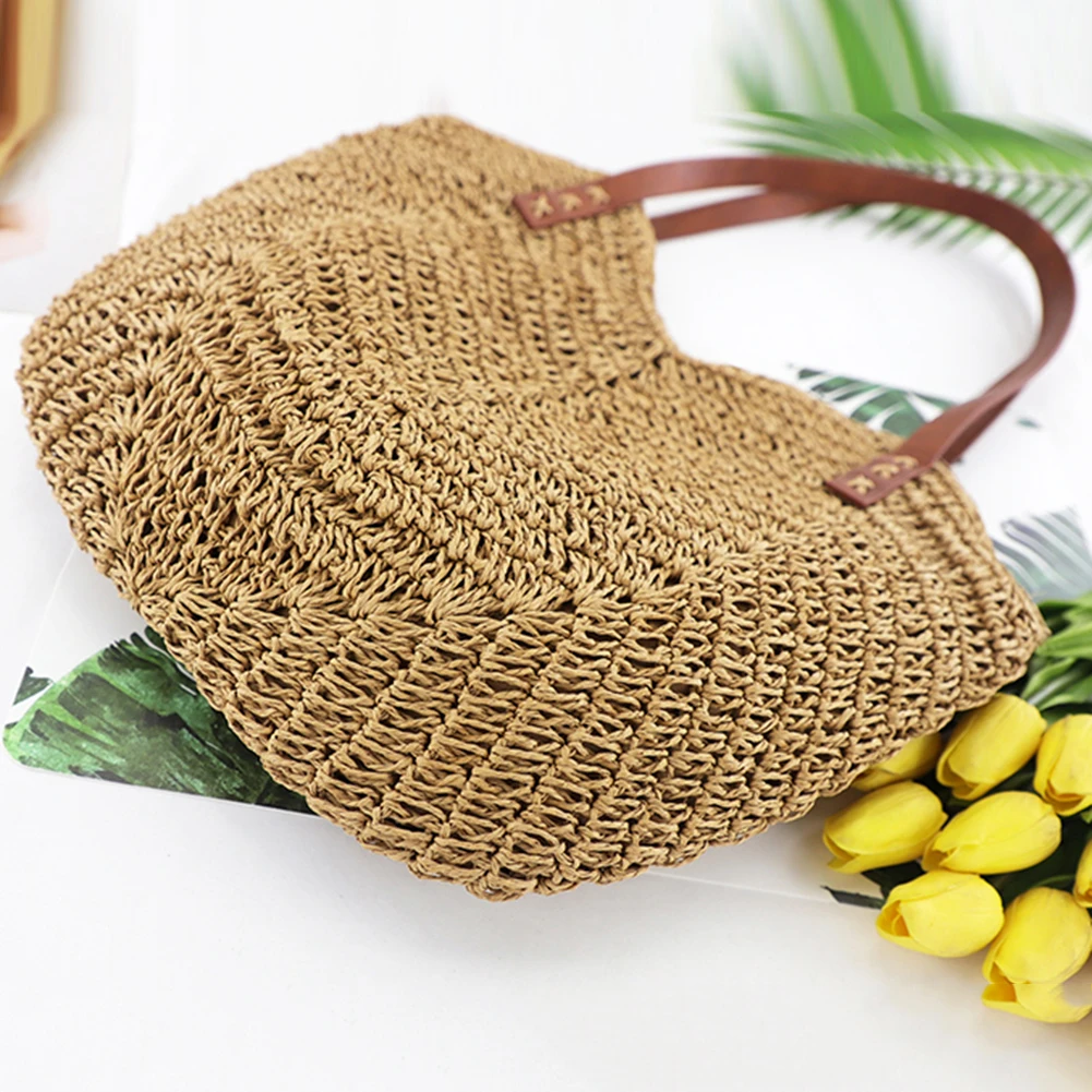 sac à main en paille tissé à la main pour femmes, fourre tout de plage creux, sac de voyage initié, mode