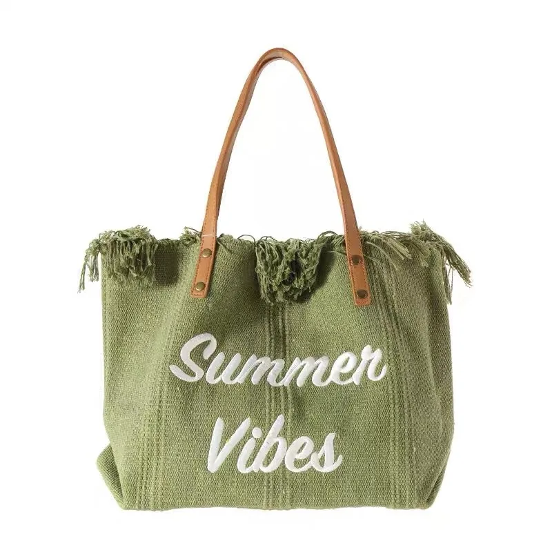 sac à main de grande capacité pour femme, fourre tout simple, design de niche, voyage, plage, pompon, lettre brodée, mode, 2022