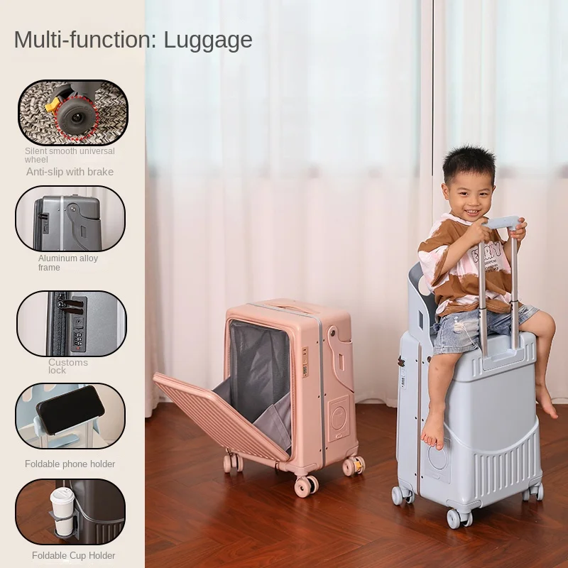 Mise à jour du bagage multifonctionnel pour les enfants peuvent s'asseoir et monter 22 enfants, bagage à ouverture frontale, valise de voyage Parent-enfant