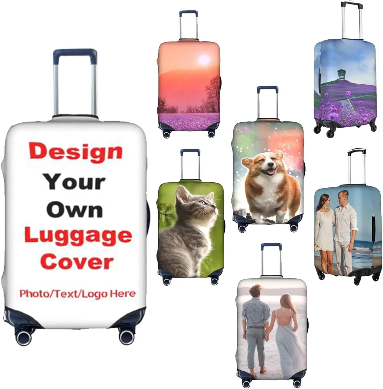 Juste de bagage personnalisée avec photo et texte, protection de valise élastique personnalisée, lavable, double face, 1 pièce