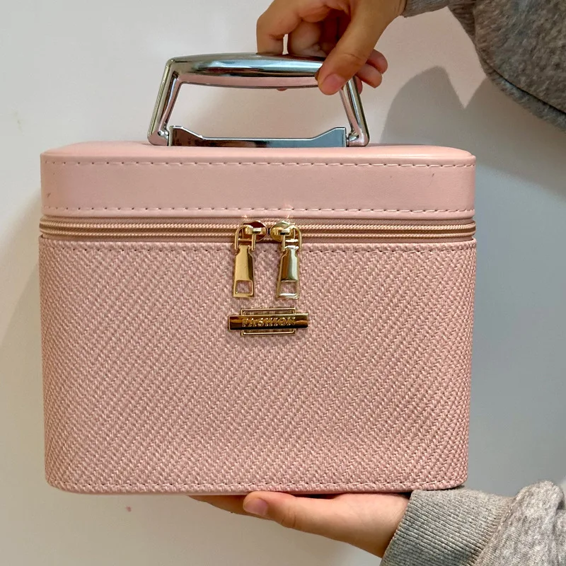 sac à cosmétiques portable en pu de grande capacité, boîte de maquillage à main, organisateur de rangement, style urbain simple, multifonctionnel unisexe