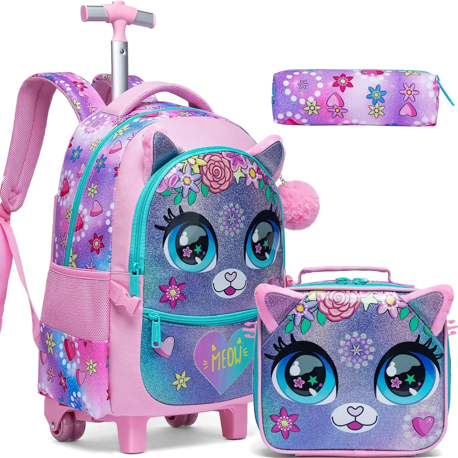 Sacs d'école pour enfants, sac à dos roulant pour filles, valise à bagages avec chariot à roulettes, sacs à dos à roulettes pour voyage scolaire