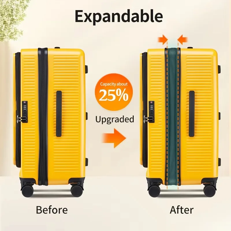 valise à capacité extensible, ouverture frontale, boîtier de chariot de voyage avec roue rotative, serrure tsa, matériau pc, bagages roulants 20/24/28