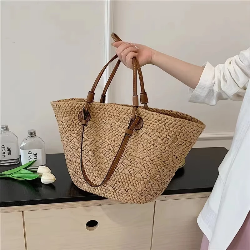 sac fourre tout en paille fait à la main, grande capacité, tissé, design de marque, léger, luxe, polyvalent, vacances à la plage, sac à bandoulière exquis