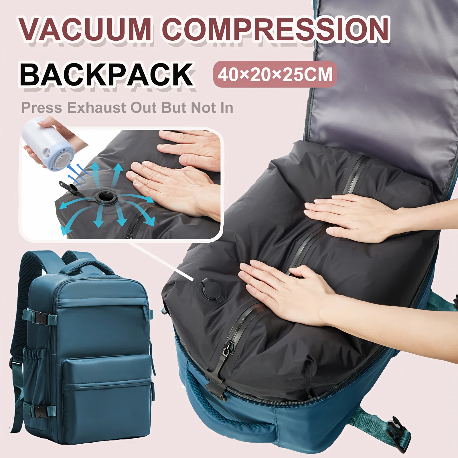 Ryanair 40x20x25 sac de cabine hommes Air sous vide Compression sac à dos bagage à main sac à dos pour ordinateur portable, 42x29x15 sac de rangement pour vêtements sous vide