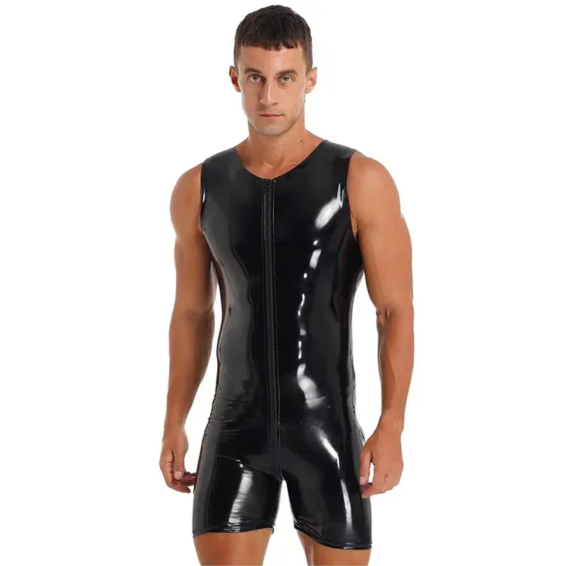 S-7XL hommes brillant en cuir PU fermeture éclair bidirectionnelle entrejambe ouvert body sans manches Look mouillé PVC mince barboteuses Sexy serré Cosplay Palysuits
