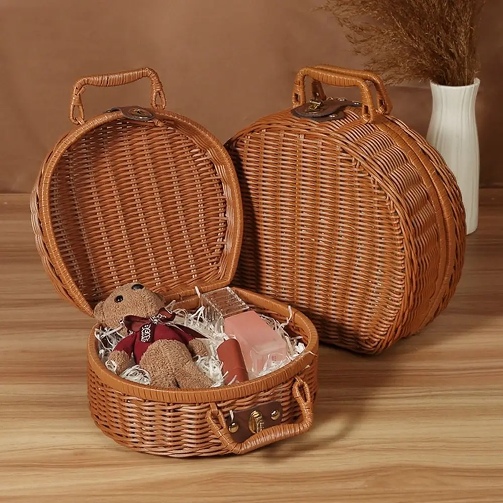 valise ronde vintage en osier, panier de pique nique fait à la main de grande capacité, anti poussière avec double poignée, organisateur d'articles divers en plein air