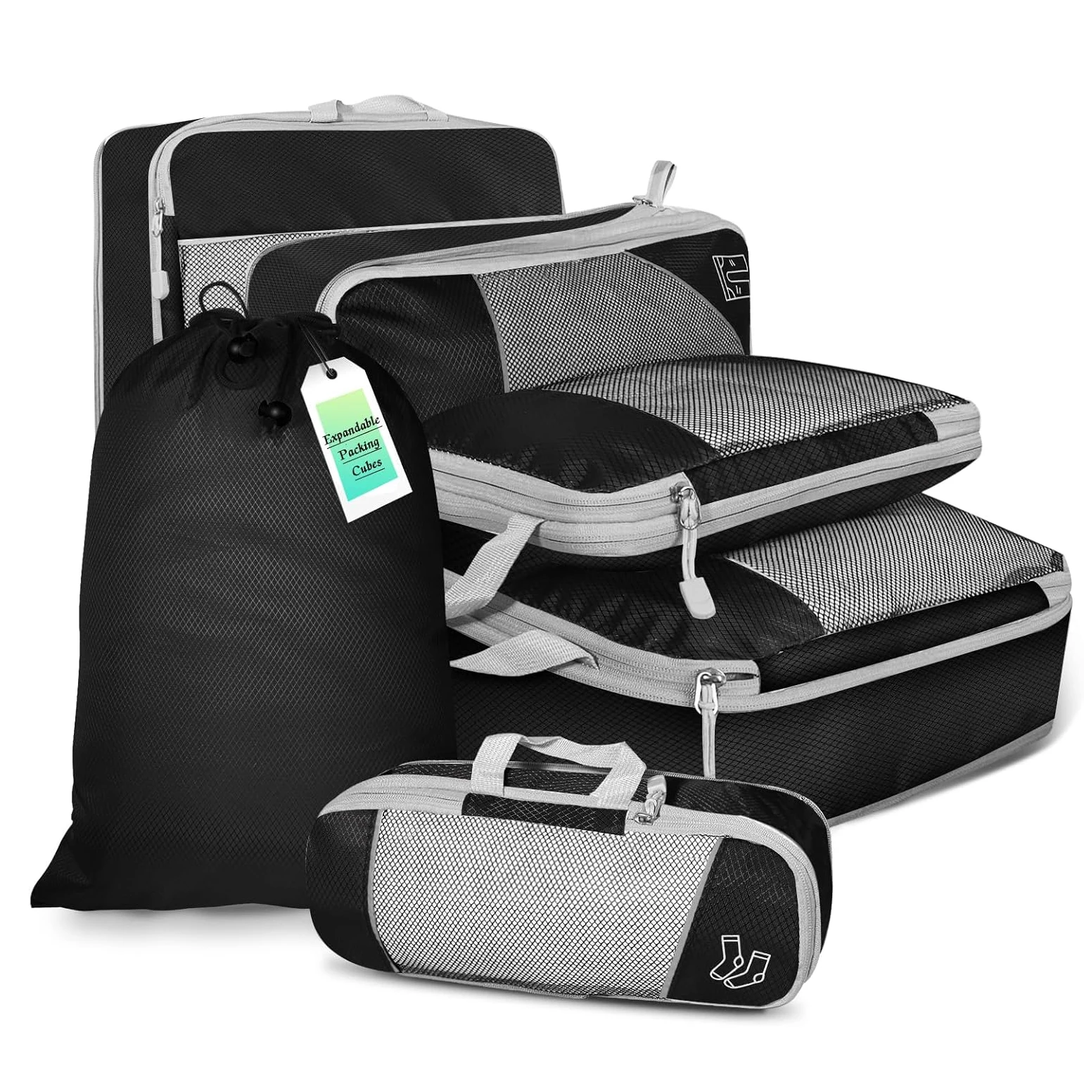 cubes d'emballage compressés de voyage, ensemble d'organisateurs de rangement avec sac à chaussures, bagages visuels en maille, valise légère et portable 6 pièces