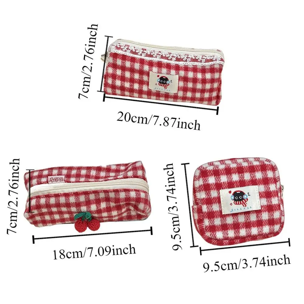 trousse à crayons à carreaux kawaii, sac de rangement à carreaux doux et mignon, pochette de rangement de papeterie simple pour enfants
