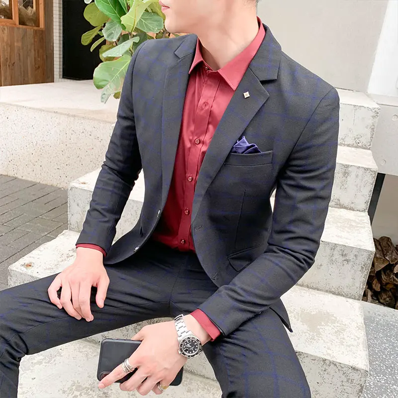 Quatre saisons nouveau M-5XL grande taille hommes (costume + pantalon) élégant et beau mesure à carreaux décontracté deux pièces ensemble