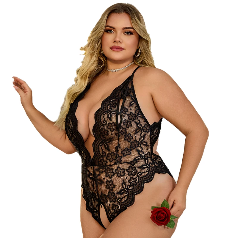 xl 4xl grande taille femmes vêtements noir évider body sexy femme corps une pièce dentelle lingerie érotique entrejambe robe fétiche