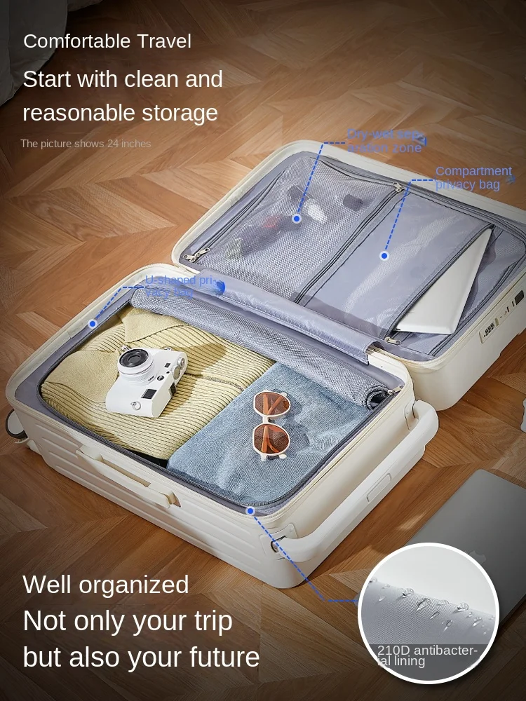 valise de voyage multifonctionnelle avec porte gobelet, chariot à couverture ouverte avant, boîte d'embarquement, bagages à roulettes, 20 po, 22 po, 24 po, 26 po