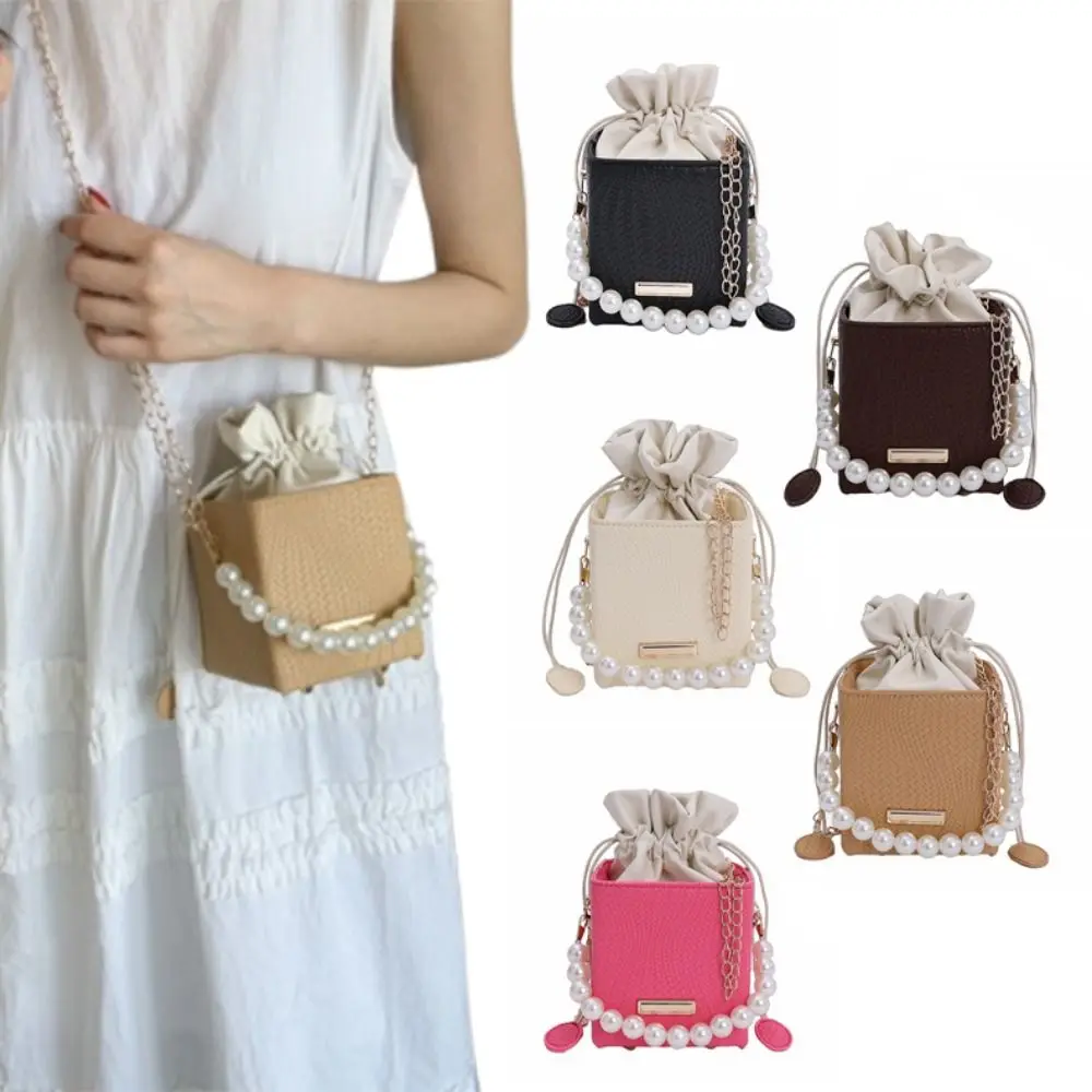 sac à main chic et tendance pour femmes, sac à bandoulière léger et élégant avec cordon de serrage, sangle en chaîne de perles, sac seau pour voyage en plein air