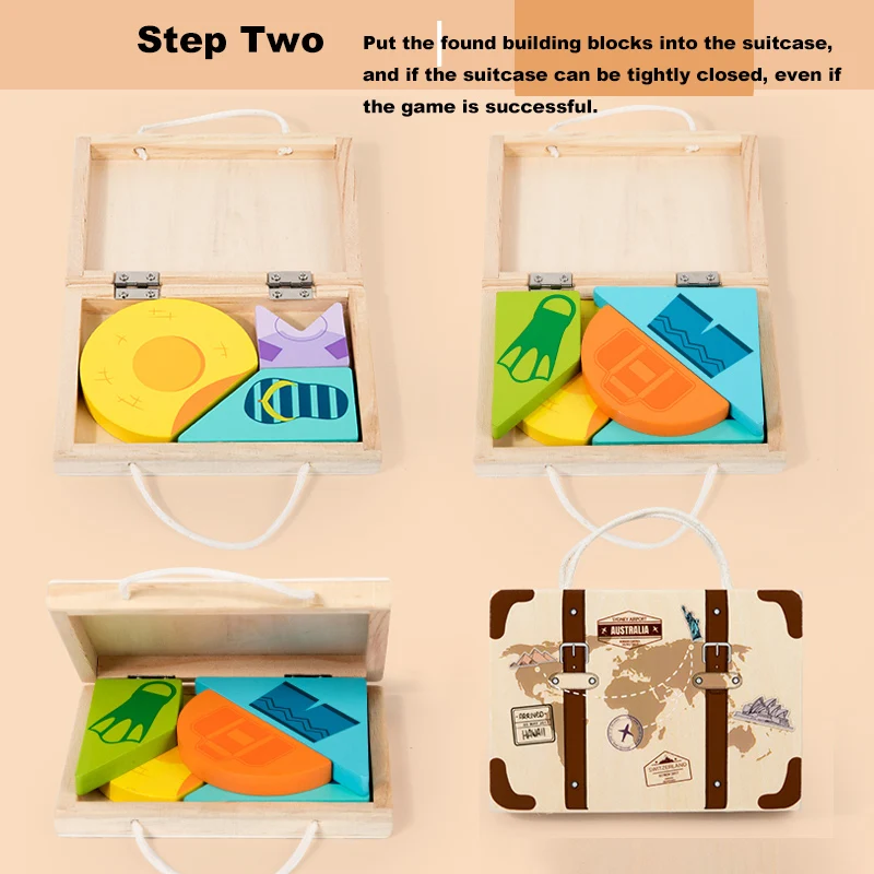 puzzle de rangement de valise en bois, jeu déployé sans retard, puzzle de voyage, jouet de puzzle d'entraînement à l'imagination spatiale pour enfants