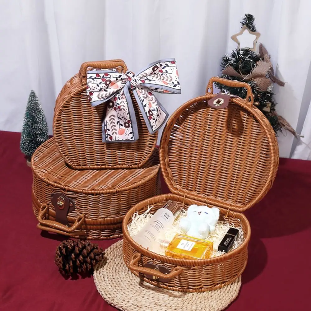 valise ronde vintage en osier, panier de pique nique fait à la main de grande capacité, anti poussière avec double poignée, organisateur d'articles divers en plein air