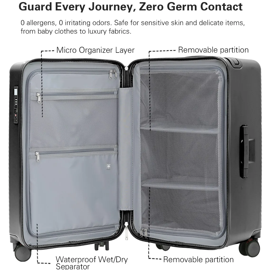 lightgo valise pc ultralégère 20 26 28 pouces tsa lock bagage avec 8 roues silencieuses, fermeture éclair ykk, porte gobelet et crochet latéral
