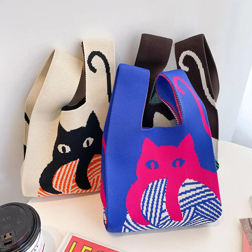 sac à main tricoté à la main pour femmes, mini sac de poignet à nœud, sac fourre-tout à carreaux à large rayure, sac à provisions réutilisable pour étudiants