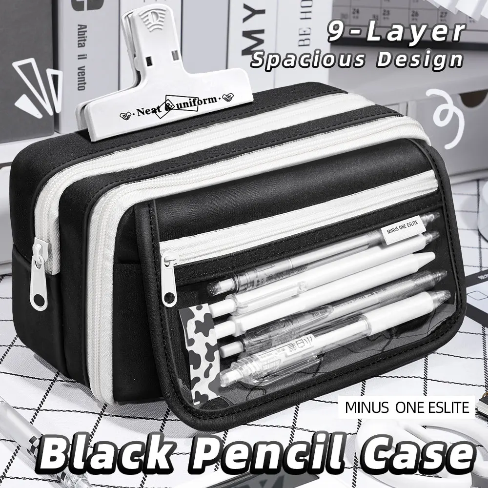 Inkpals – trousse à crayons noire de grande capacité, étuis scolaires Kawaii pour enfants, pochette pour grand garçon, sac de retour à l'école, boîte de rangement pour stylos