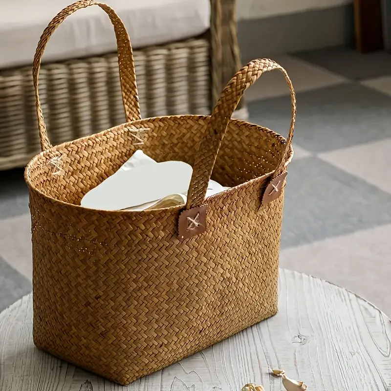 sac fourre tout tissé en rotin chic avec poignées en simili cuir, accessoires photo en paille naturelle et panier cadeau pour animaux de compagnie, accessoires de pique nique