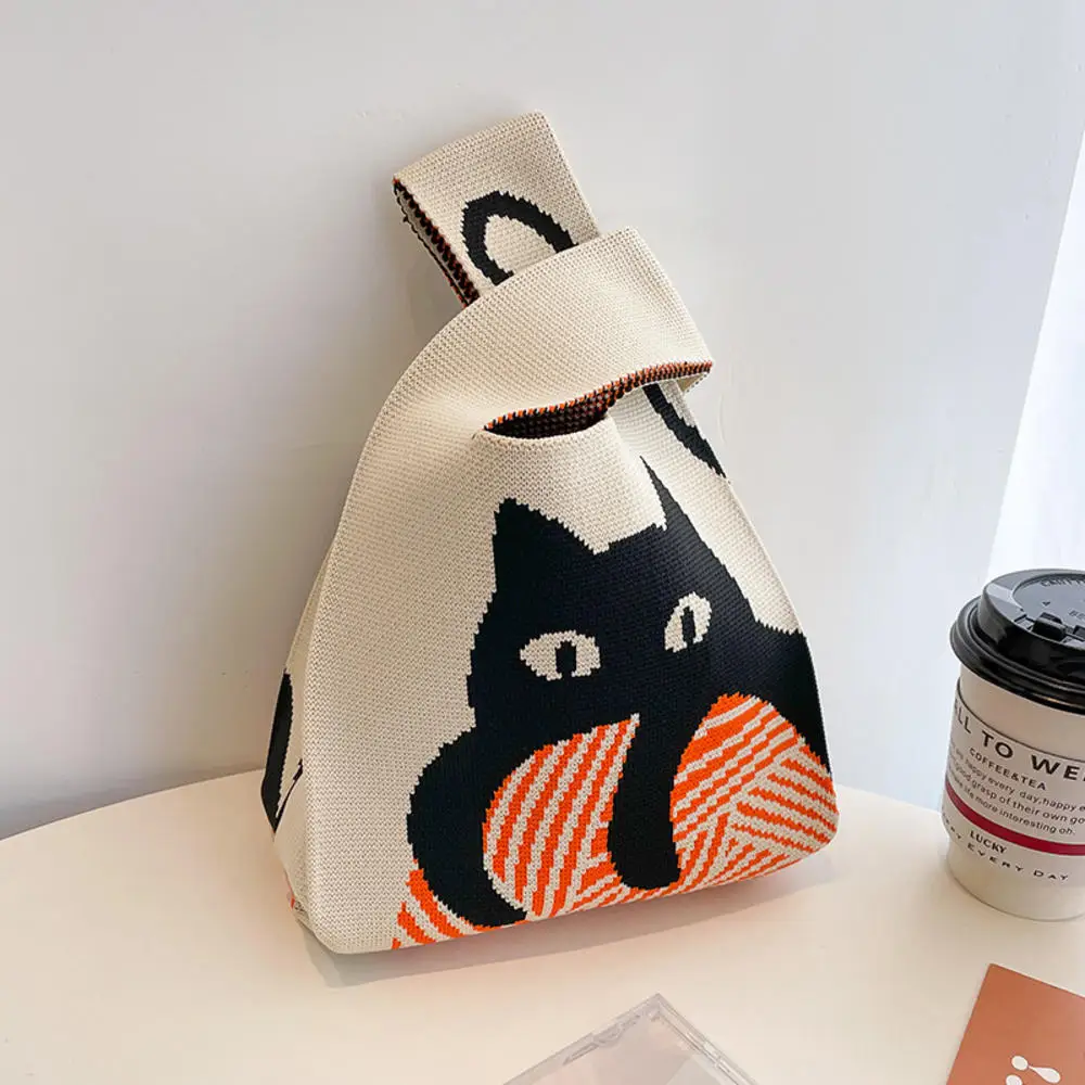 sac à main tricoté à la main pour femmes, mini sac de poignet à nœud, sac fourre tout à carreaux à large rayure, sac à provisions réutilisable pour étudiants