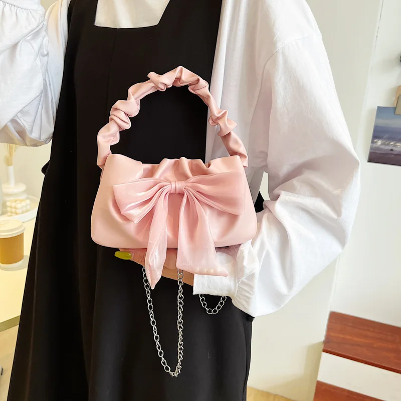 sac fourre tout rétro pour femmes et filles, fourre tout à la mode avec nœud doux, sac à bandoulière simple avec chaîne, sacs à main pliables et sac à main