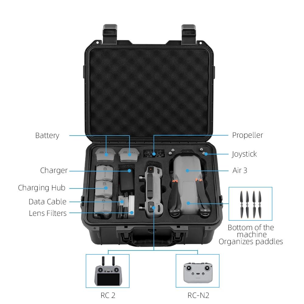 mallette de rangement à coque rigide pour dji air 3/3s, boîte de transport, valise portable de grande capacité pour accessoires de rangement de drone rc 2/ n2