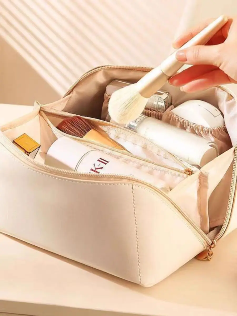 Sac à cosmétiques de voyage en cuir de grande capacité pour femme, trousse de maquillage portable, étanche, trousse de toilette multifonctionnelle, sac de rangement d'évaluation