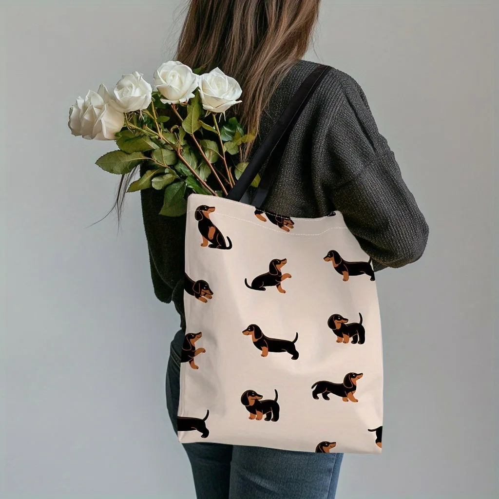 sac fourre tout chic imprimé teckel, sac à main à bandoulière décontracté de grande capacité pour femmes, sac d'épicerie robuste en polyester réutilisable