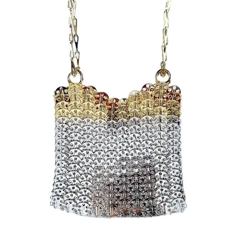 Sac à main tissé à la main pour femme, pochette d'épissage en métal doré et argenté, sac fourre-tout de créateur, sacs esthétiques de luxe, initié aux vacances