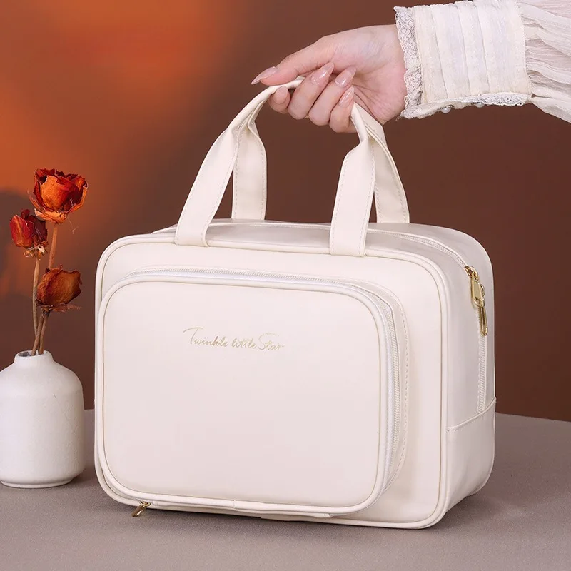 trousse de maquillage de grande capacité pour femme – organisateur cosmétique portable avec porte brosse et poignée de transport, trousse de maquillage adaptée aux voyages