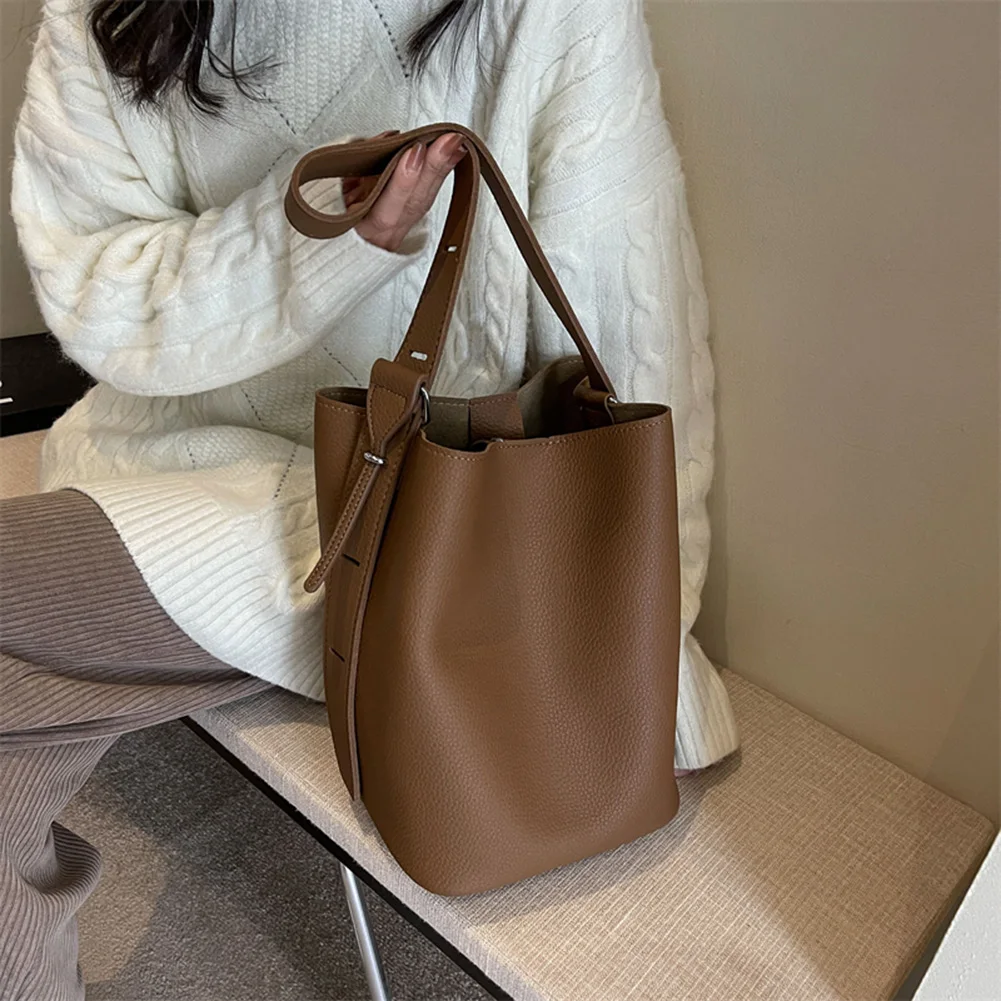 sac de shopping polyvalent pour femmes, seau de grande capacité, sac d'épicerie, sangle réglable, sac simple de couleur unie avec pochette assortie