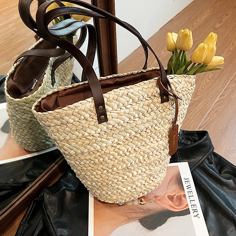 Sac à main tissé en rotin pour femmes, sac de plage de grande capacité, sac à main en paille, grand panier shopper, fourre-tout, sac fait main Boho, nouveau design, 2024