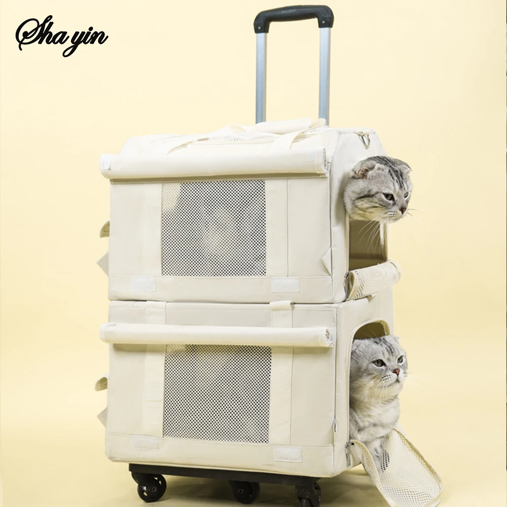 valise à roulettes double couche pour animaux de compagnie, 1 pièce, sac pour chat, valise push pull, grande capacité, deux sacs à main respirants pour chiens